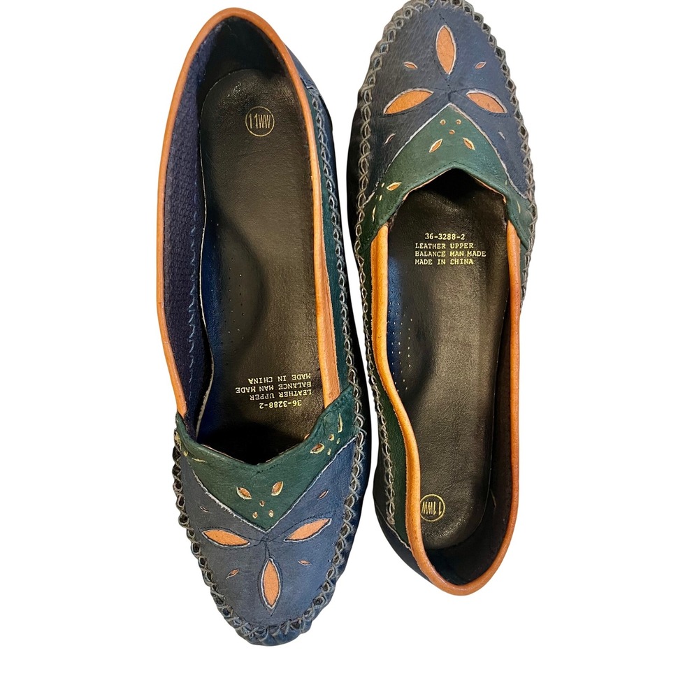 Women's Loafers Boho Blue Green Leather Cutout Slip On Loafer Flats Shoes Size11 - Picture 3 of 6
